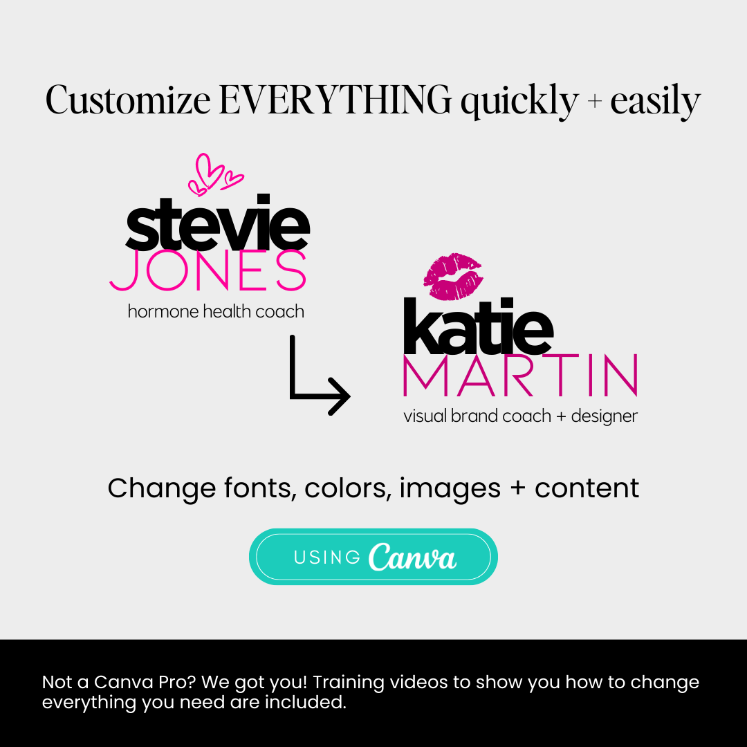 Customize everything quickly & easily. Change fonts, colors, images & content using Canva. Not a Canva pro? We got you! Training videos to show you how to change everything you need are included.