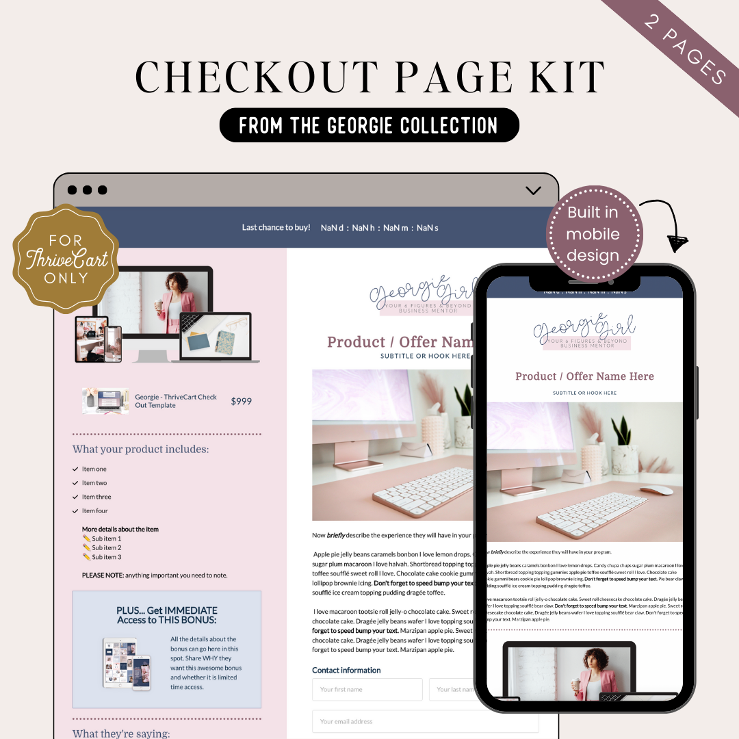 ThriveCart Checkout Page Kit from the Georgie Collection with built in mobile design plus success / thank-you page