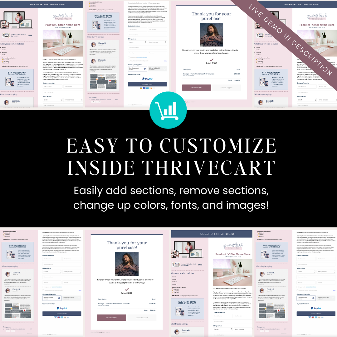 Feminine sales / checkout page template that is easy to customize using ThriveCart. Easily add sections, remove sections, change up fonts, colors, images, and more!