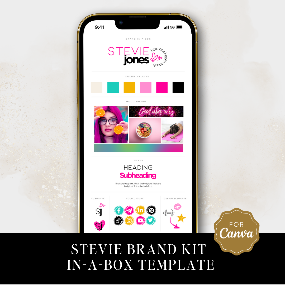 Stevie brand kit in-a-box template - bright, colorful logo editable in Canva