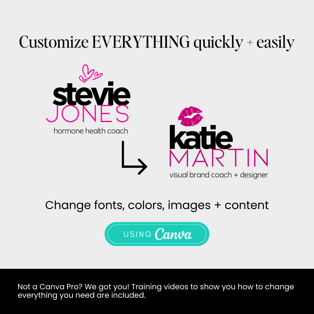 Customize everything quickly &amp; easily. Change fonts, colors, images &amp; content using Canva. Not a Canva pro? We got you! Training videos to show you how to change everything you need are included.