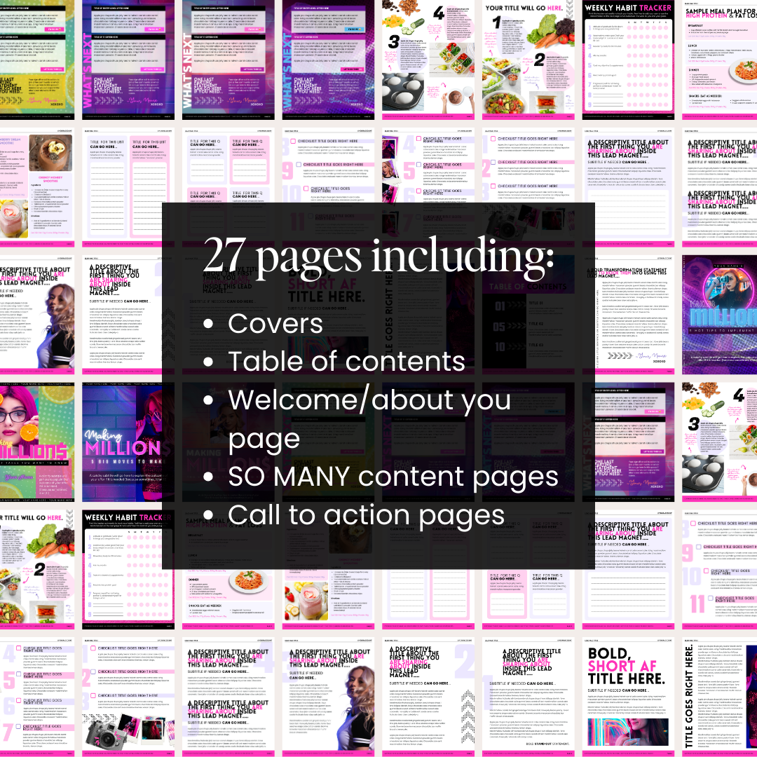 27 page lead magnet workbook freebie template for Canva including covers, table of contents, welcome and about you page, so many content pages, and call to action pages