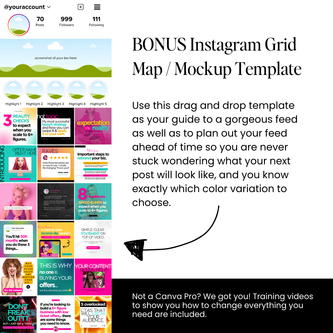 Included bonus Instagram grid map / mock up feed planner template. Use this drag and drop template as. your guide to a gorgeous feed as well as to plan out your feed ahead of time so your are never stuck wondering what your next post will look like, and you know exactly what color variation to choose. Plus we include training videos!